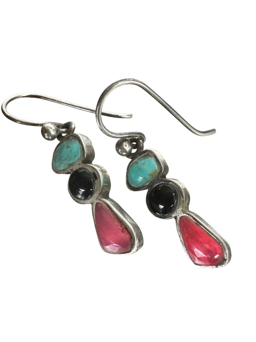 Sterling Silver Dangle Earrings With Turquoise Onyx & Red Glass Accents 925